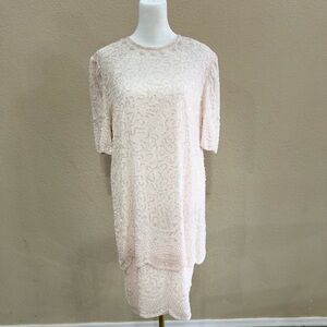 Vtg Pink Sequin Silk Dress Brilliante by J.A Beaded Scalloped Sz L Formal Event